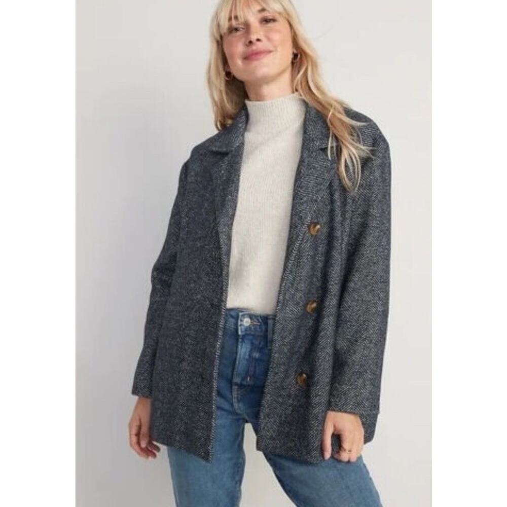Old Navy Jacket Soft Brushed Herringbone Size Large Wool Blend Navy Gray FLAW